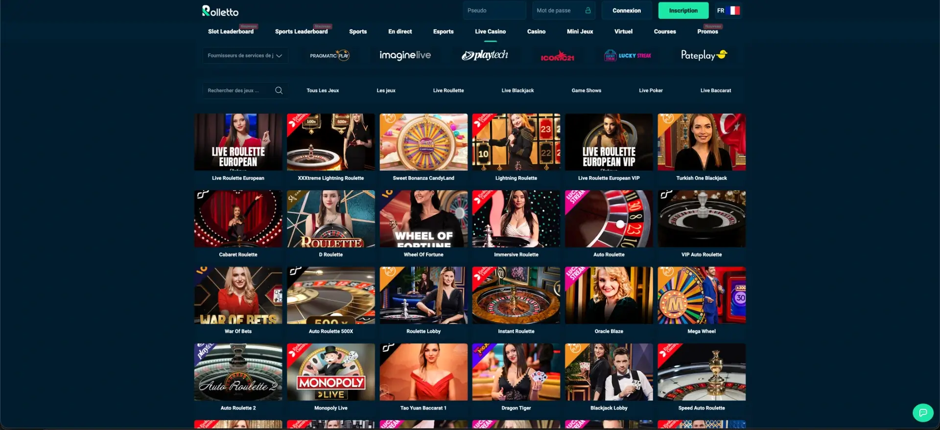 Tables de casino en direct Rolletto